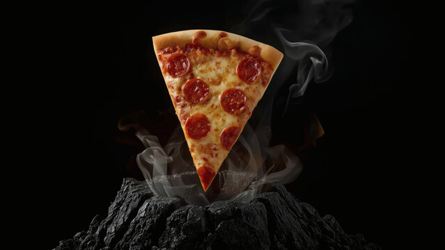 Pizza slice rising from volcanic rock with smoke.