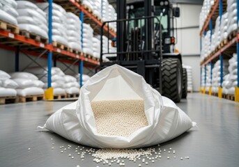 Pearl plastic pellets in an open bags, background: warehouse with raw material pallets and electric loader