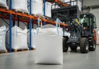 Gray plastic pellets in an open bigbag, background: warehouse with raw material pallets and electric loader