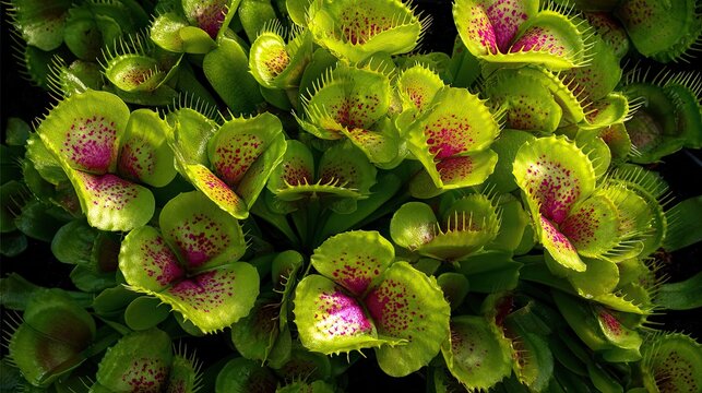Close-up view of vibrant Venus flytrap plants.