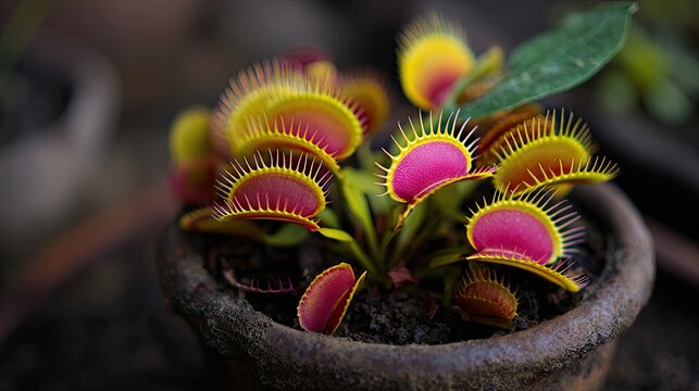 Close-up of a vibrant Venus flytrap plant in a pot.