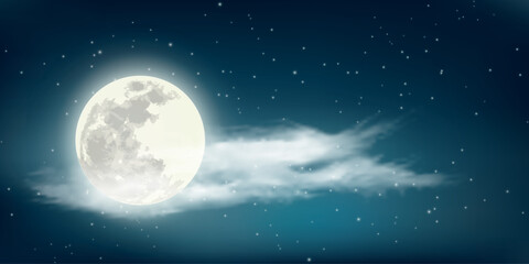 A full moon in the night sky, surrounded by stars and a translucent cloud that seems to float in front of it.