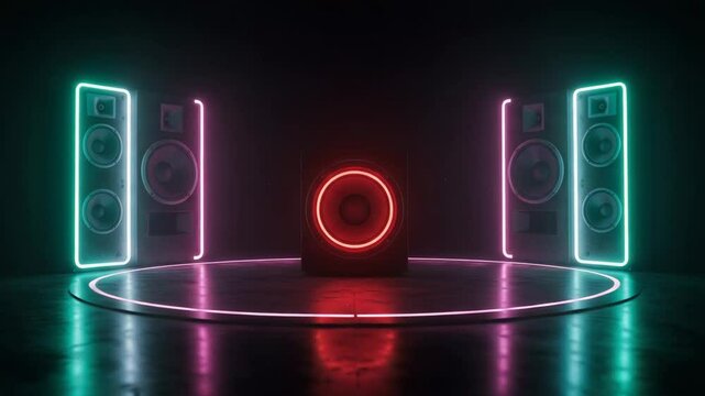 Neon speakers with glowing lights in a dark music studio  