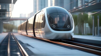 Fototapeta premium A sleek, modern high-speed train approaches a station on an elevated track in an urban environment during daylight.