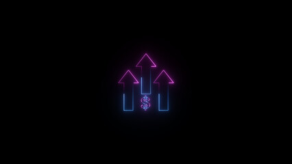 Neon glowing up dollar arrow illustration on black background. Glowing neon line of dollar sign icon and up arrow isolated on transparent background.