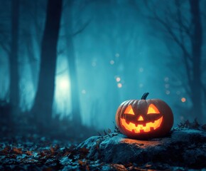 Naklejka premium Halloween pumpkin jack o lantern in spooky forest at night