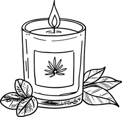 Scented candle with leaves, calming mood, hand-drawn doodle, black and white