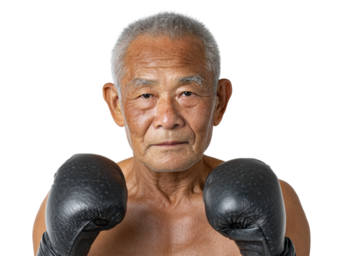 Focused senior Asian boxer chest guard stance strength isolated