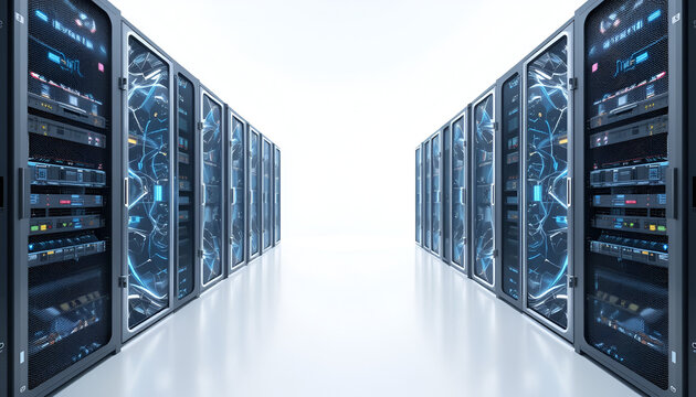 Server room showcasing powerful data center servers in a modern, clean design that highlights advanced technology and computing capacity.