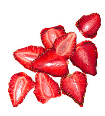 Dried strawberry slices isolated on white background. Dehydrated strawberries chips. Clipping path. Top view.