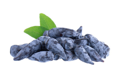Honeysuckle berry isolated on white background. Fresh honeysuckle blue berry fruits with green leaves. Clipping path.