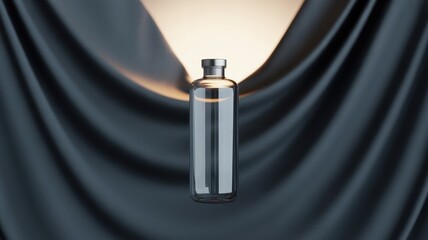 Minimalist glass bottle displayed against draped fabric with soft lighting