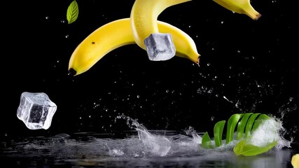 Fresh yellow bananas with ice cubes and green mint leaves and white flowers. Refreshing summer fruit smoothie concept. Cold dessert food footage. - Powered by Adobe