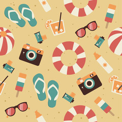 Hand drawn seamless vector pattern with beach and vacation items. Summer sandy background. Holiday backdrop with simple elements in retro colors. Vintage flat style