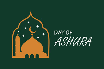 Ashura Day Vector with Islamic Arch and Mosque Design. Elegant vector of Ashura Day featuring mosque silhouette inside an Islamic arch with crescent moon and stars.