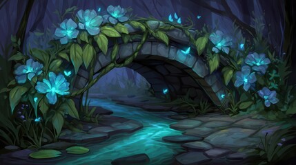 In a 2d art depiction, a fairy forest city comes alive with magical glowing plants, moss-covered ancient trees, and stunning houses boasting glowing windows, as butterflies and fireflies weave