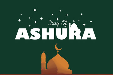 Islamic vector background for Day of Ashura featuring mosque silhouette, crescent moon, and stars. Perfect for religious posters and cultural celebrations.