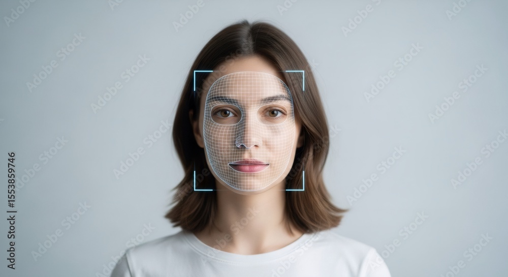 Wall mural a woman's face scan with polygonal mesh. biometric identification for security and access. future fa