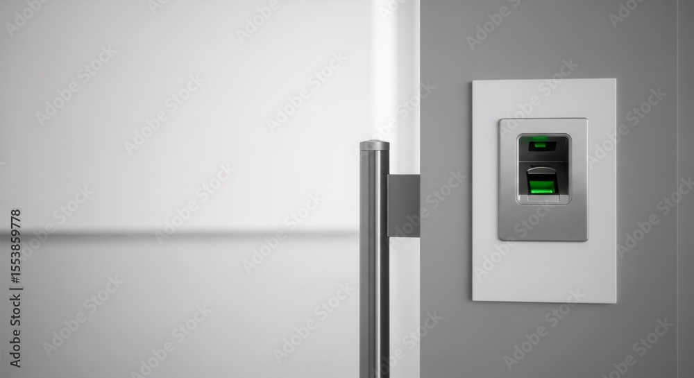 Poster biometric fingerprint scanner display on side of a door with green light. access control system for 