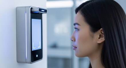 Asian woman using facial recognition system for security access. Biometric scanner device authenticating face scan. Future identity verification technology.