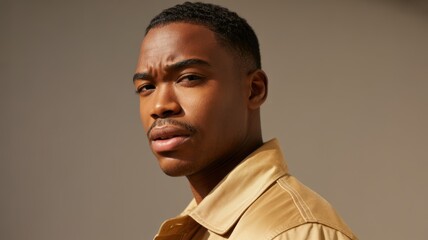 Obraz premium Young african male in tan jacket looking confidently with neutral background