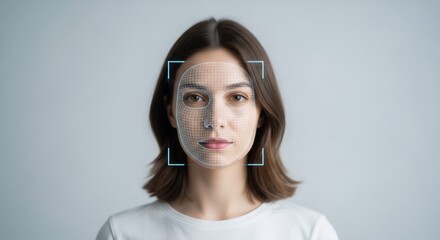 A woman's face scan with polygonal mesh. Biometric identification for security and access. Future facial recognition technology.