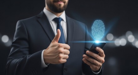A man in a suit with a beard holds a phone with a biometric hologram and shows a thumbs-up gesture.