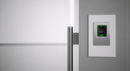Biometric fingerprint scanner display on side of a door with green light. Access control system for secure entry.