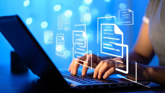 Law regulation and compliance rules on virtual screen concept. Business person working at laptop computer and digital documents with checkbox lists. 