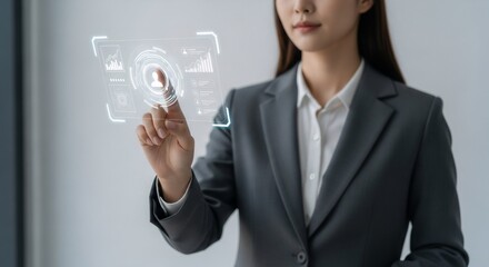 Woman touching virtual screen, accessing biometric data and personal information. Digital identity authentication concept.