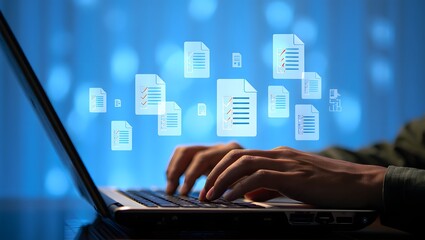 Law regulation and compliance rules on virtual screen concept. Business person working at laptop computer and digital documents with checkbox lists. 