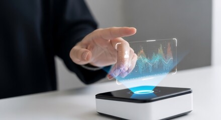 Woman interacting with a biometric device displaying a holographic data graph. Future technology concept for data analysis and security.