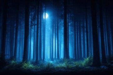 In the fog, a green mysterious forest stands, characterized by its dark forest and the silhouette of trees