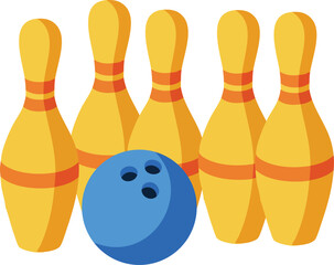 Bowling pins with blue bowling ball in striking position vector illustration for sports and leisure activities 