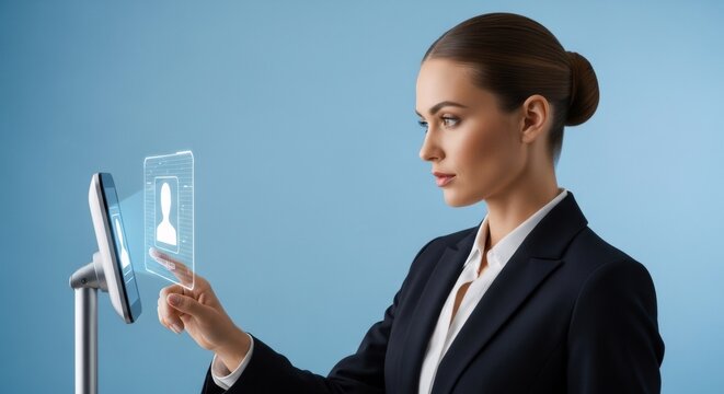 Woman scanning her face with biometric technology. Facial recognition system for secure access and identity verification. Biometric data concept.