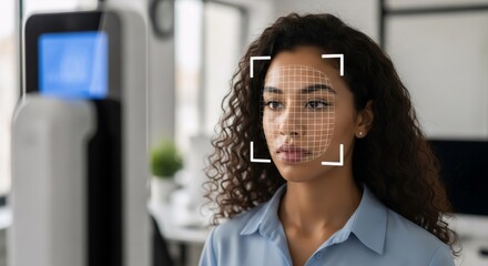 Young woman with digital grid on face for biometric scanner. Face detection concept. Security system technology with facial recognition.