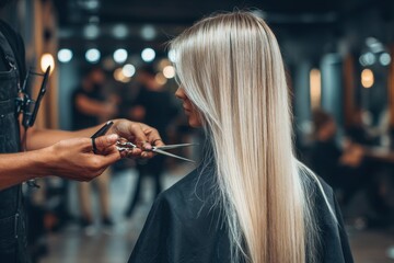 Naklejka premium Picture of a blonde person getting a trim on the ends of their hair, cropped