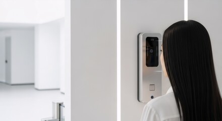 Woman uses a biometric face recognition system for secure access control. High-tech smart home security.