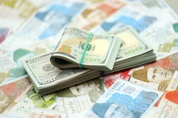 Bunch of US dollar bills lies on big amount of Pakistan rupees banknotes close up