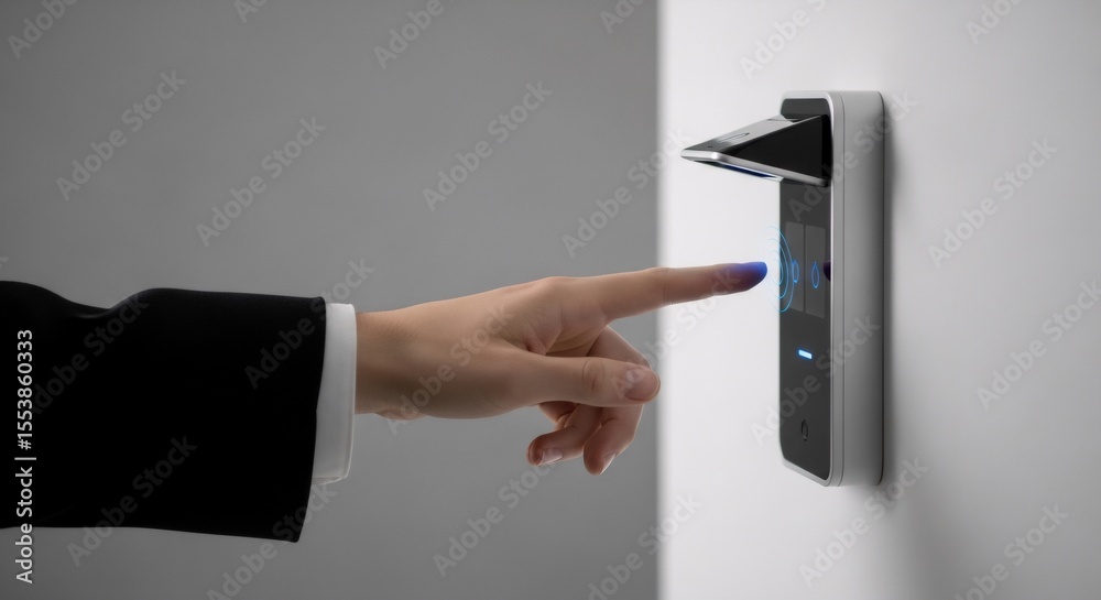Poster woman using biometrics security system for access control. person touch and scan finger on modern de