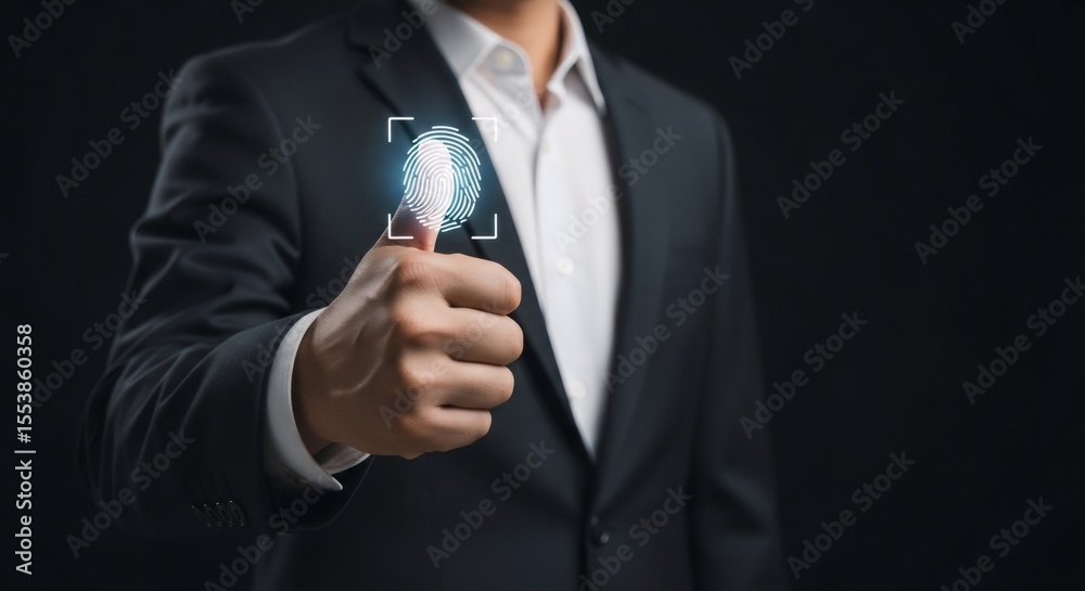 Poster Man pressing a glowing fingerprint on a virtual screen for biometrics scan. Secure identity verification and access control concept for digital security.