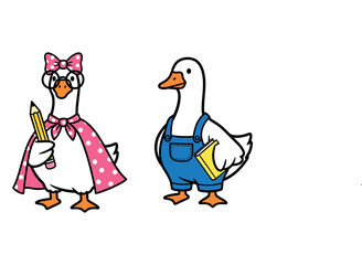 Cute Ducks in School Uniforms Holding Books and Supplies