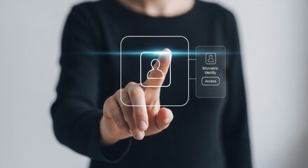 Woman touching biometric identity access screen. Data privacy and secure authentication for digital personal security.