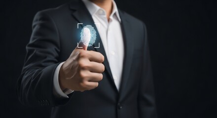 Man pressing a glowing fingerprint on a virtual screen for biometrics scan. Secure identity verification and access control concept for digital security.