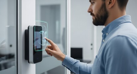 Man activating facial recognition access. Biometric security system. Digital face scan for modern office entry.
