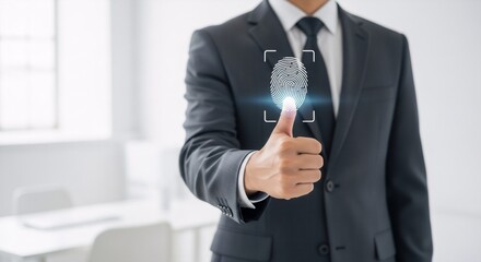 Man using biometric fingerprint scan for secure access and identity verification. Digital security concept, data privacy.