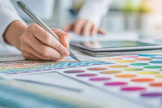 A graphic designer is seated at their office desk, employing a computer and graphic tablet to bring their creative ideas to life
