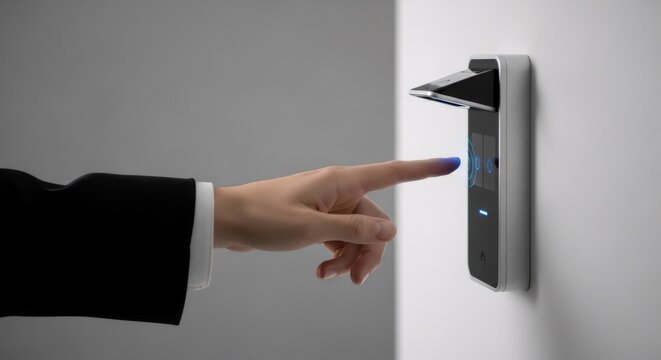 Woman using biometrics security system for access control. Person touch and scan finger on modern device for secure entry.