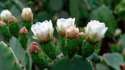 Prickly pear cactus with white blossoms.