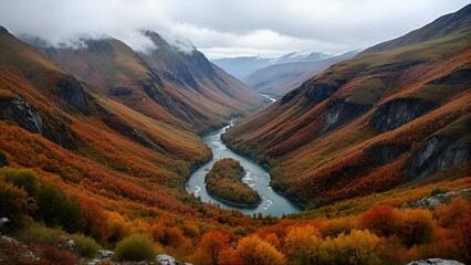 Aerial view of a vibrant mountain landscape, showcasing vivid foliage colors in autumn, with winding rivers cutting through.